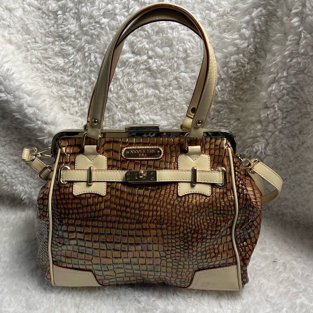 -Nicole Lee satchel patent metallic bronze faux crocs prints & beige trim